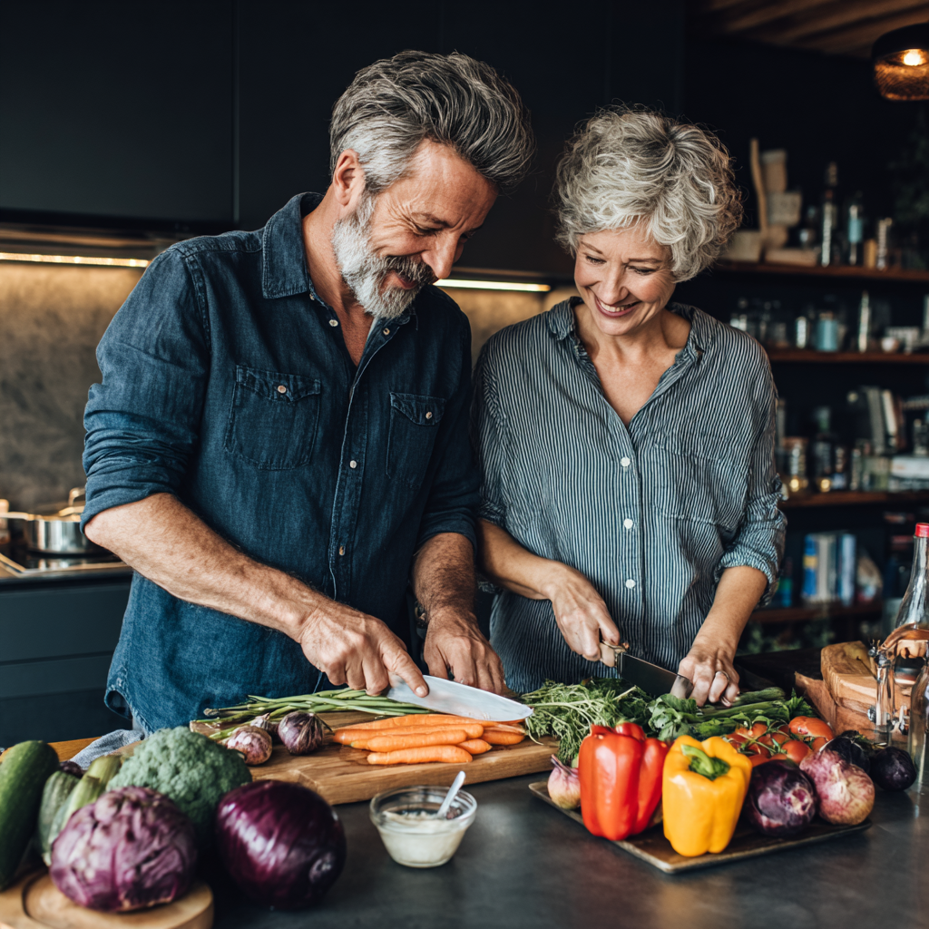 Mature couple preparing healthy meal together in modern kitchen