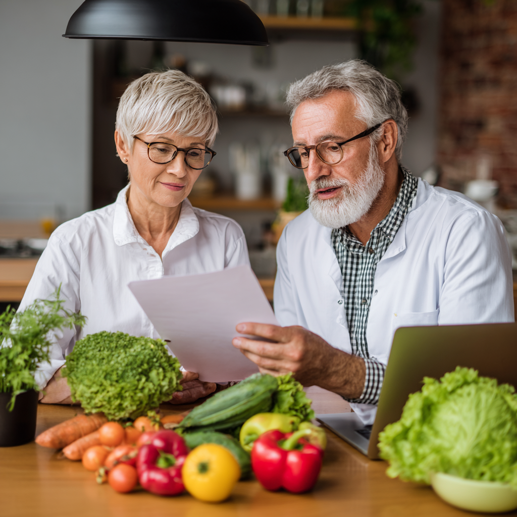 Middle-aged nutritionist consulting with senior client about healthy eating plan